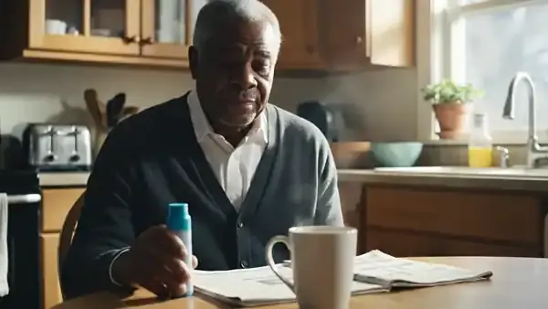 A man in his sixties at his kitchen table shaking a slim pale-blue pocket spray, using it once and reaching for his reading glasses