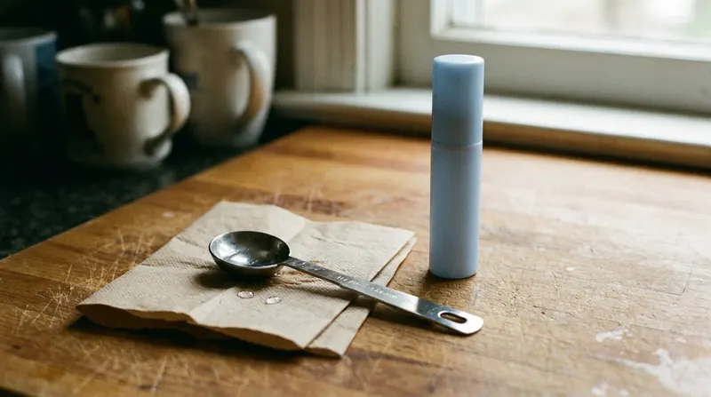 A half-teaspoon measuring spoon holding a little clear water beside a slim pale-blue pocket spray tube on a sheet of paper