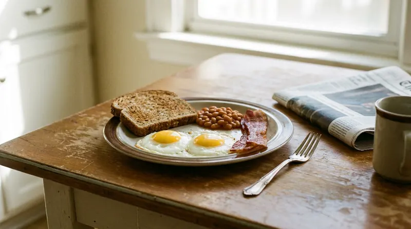 A breakfast plate with eggs, whole-grain toast, beans and bacon beside a folded newspaper