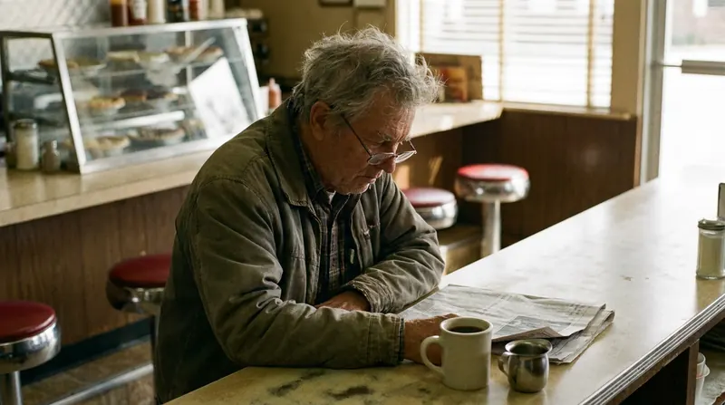A man in his sixties reading a folded newspaper over coffee at the counter of an old diner
