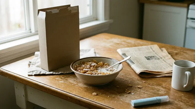 A bowl of frosted cereal beside its box, a folded newspaper, a coffee mug and a slim pale-blue pocket spray tube on a kitchen table
