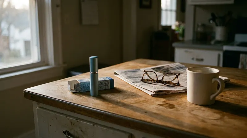 A kitchen counter at dusk with a slim pale-blue pocket spray tube, its box, a folded newspaper, reading glasses and an empty mug