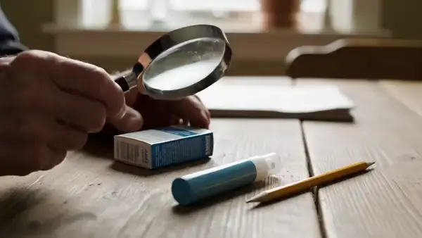 A man's hands moving a magnifying glass over the small print on the back of a small supplement box beside a slim pocket spray tube