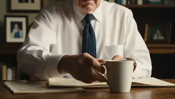 A man in his sixties at his study desk setting down his coffee, using a slim pocket spray once and picking up a pencil