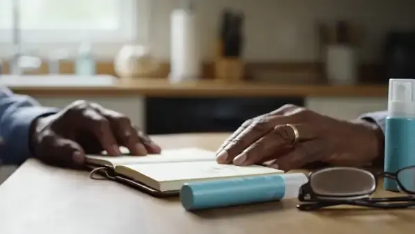 A man's hands writing three figures in a pocket notebook beside a slim pocket spray tube and its box