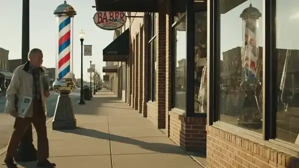 A man in his sixties walking a quiet small-town main street in the morning with a newspaper under his arm