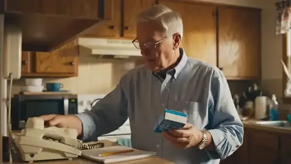 A man in his sixties on a corded kitchen wall phone holding a small supplement box, with a notepad on the counter