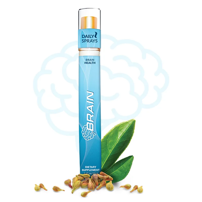 A slim pale-blue pocket spray tube labeled Daily Sprays Brain beside green leaves and dried seeds, from the seller's photograph